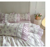 Pink Floral Double Layer Lace Ruffles 100% Cotton Bedding Set Duvet Cover Set Bed Sheet/Bed Skirt/Fitted Sheet Pillowcases 4Pcs