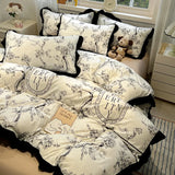 Korean Black White Hepburn Style Bedding Sets Ultra Soft Breathable Duvet Cover Set with Black Lace Fitted Sheet Set for Adults