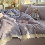 Korean Style Girly Heart Floral Double Layer Gauze Four-Piece Set Princess Style Lace Trim Quilt Cover Bed Sheet Dormitory