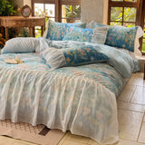 4Pcs French Princess Style Tencel Cotton Ice Silk Summer Cooling Comforter Set Blue Print Ruffle Bedding Set 1.5M Bedspread
