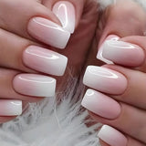 24Pcs Simple French Fake Nail with Gradient White Design Short Square Head False Nails Wearable Finished Manicure Press on Nails