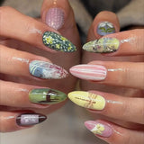 French Almond False Nails Retro Flowers Wearable Hand Drawn Press on Nails for Woman Datachable Full Cover False Nails Tips