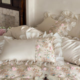 Emboss Flowers Embroidery Bedding Set Luxury Egyptian Cotton Princess Lace Duvet Cover Bed Sheet Pillowcases Home Textile