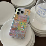 Cute Animal Green Grid Pattern Cartoon Laser Glitter Phone Case for iPhone 13 14 16 15 17 Pro 17ProMax Shockproof Clear Cover