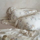 Vintage French Lace Flower Prints Bedding Set 100% Cotton Double Yarn Soft Duvet Cover Flat/Fitted Bed Sheet Pillowcases 4Pcs