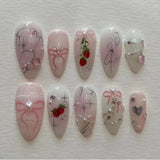 24Pcs Pink False Nails Strawberry Cherry Design Press on Nails Sweet Cute Almond Nails Wearable Fake Nails Full Cover Nail Tips