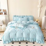 Rose Flowers Embroidery Ruffle Lace Bedding Set Washed Cotton Duvet Cover Set Skin Friendly Bed Sheet Pillowcases Princess Style