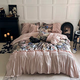 Vintage Rose Oil Painting Style Ruffles Egyptian Cotton Bedding Set Duvet Cover Bed Sheet/Bed Skirt/Fitted Sheet Pillowcase 4Pcs