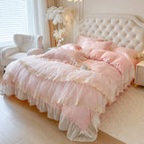 4/6Pcs Pink Butterfly Jacquard Three-layer Lace Ruffles Princess Wedding Bedding Set Duvet Cover Bed Skirt Bedspread Pillowcases