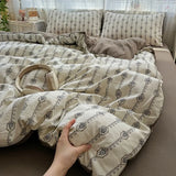 Ikeehome  new class A high gram weight linen raw hemp four-piece set jacquard quilt cover bed sheet student dormitory three-piece set
