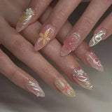 24Pcs Pink Almond False Nails Sweet Summer Fake Nail Cute Flowers Pearl Nails Press Ons Colorful Monet Press on Nails for Girls
