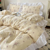 Gentle Floral Print Bedskirt Bedding Sets Skin Friendly Comfortable Duvet Cover Set with Lace Romantic Bedclothes for Girls