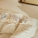 Natural Cotton Linen Vintage French Flowers Embroidery Luxury Bedding Set Duvet Cover Flat/Fitted Bed Sheet Pillowcases 4Pcs