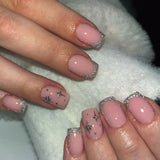 24pcs False Nails Starlight Heart Design Press on Nails Black French Glitter Silver Square Wearable Full Cover Manicure Art Tips