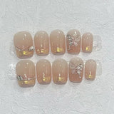 10Pcs Short Handmade Press on Nails Full Cover White Rhinestone Butterfly Cat Eye French Square Wearable Artificial False Nails