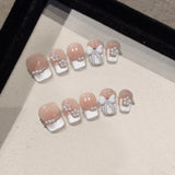 10pcs Nude Pink French False Nails Short Square Cute Press on Nails with Pearl Acrylic Fake Nails with Glue Full Cover Nail Tips