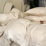 20% Linen And 80% Cotton Vintage French Jacquard Lace Embroidery Bedding Set Duvet Cover Flat/Fitted Bed Sheet Pillowcases 4Pcs