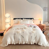 Flowers Embroidery Ruffles Thickened Soft Warm Velvet Bedding Set Queen King Size Plush Duvet Cover Set Bed Sheet Pillowcases