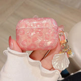 Luxury Girls Pink Leopard Pearl Shell Case for Apple Airpods 1 2 3 Case for AirPods Pro Earphone Case with Keychain Headset Box