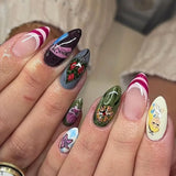 French Almond False Nails Retro Flowers Wearable Hand Drawn Press on Nails for Woman Datachable Full Cover False Nails Tips