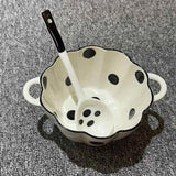 Wave Point Ceramic Double Ear Bowl 2025 New Household Large Capacity Dessert Bowl Spoon Set Simple Fruit Salad Dining Utensils