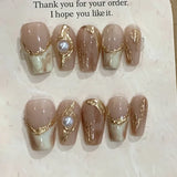10Pcs Brown Handmade Press on Nails Pearl Golden Autumn-winter French Metal Line Almond Artificial False Nails Wearable Manicure