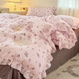 Princess Style Bedding Sets Ruffle Lace Bow Quilt Cover Romantic Bedclothes Decor Woman Girls Bedroom Duvet Cover 4pcs