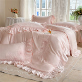 Pink Flowers Embroidery Ruffles Princess Wedding Bedding Set 1000TC Egyptian Cotton Duvet Cover Flat/Fitted Sheet Pillowcases