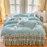4/6Pcs Milk Velvet Flower Lace Ruffles Luxury Bedding Set King Queen Size Duvet Cover Quilted Bed Skirt Bedspread Pillowcases