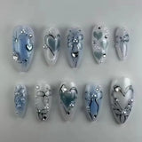 Almond Press on Fake Nails 3D Ripple Star False Nails Blue Smudge Detachable Full Cover Nails Tips 3D Shell Pearl Acrylic Nail