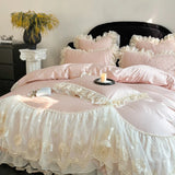 4Pcs Pink Romantic Lace Ruffles Princess Wedding Bedding Set 100% Cotton Duvet Cover Bed Sheet Or Quilted Bedspread Pillowcases