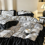 Washed Cotton Bedding Sets With Lace Black Printed Four Piece Set Bedroom Decor Duvet Cover Pillowcase Bedspread Bed Cover Sets