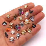 10-Pcs Halloween Ornaments 3D Metal Nail Art Decorations Gold Silver Black Skull Spider Hand Skeleton Design Nail Accessories