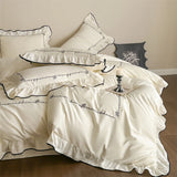 Luxury Egyptian Cotton French Princess Wedding Bedding Set Ruffles Black Edge Jacquard Duvet Cover Bed Sheet Pillowcases