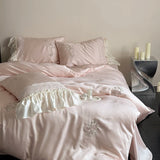 600TC Lyocell Bamboo Fiber Soft Silky Bedding Set Flowers Embroidery Lace Duvet Cover Flat/Fitted Bed Sheet Pillowcases 3/4Pcs