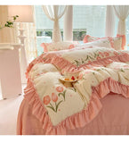 Fashion Flower Bedding Set Bed Sheet Cute Princess AB Double Sided Ruffle Flower Quilt Cover Pillowcase Bedclothes Home Textiles