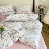 Floral Bedding Set Lace Trim Simple Fresh Elegant Flat Fitted Sheet With Pillowcases Soft Washed Cotton For Women Girl Gift