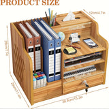 Wooden Desktop Organizer Desktop Storage Box Office Supplies Stackable File Holder with Pen Slot Key Hook Stationery Organizer