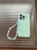 Korean INS Mint Green Little Stars Leather Texture Wrist String Phone Case for iPhone 16 15 14 13 Pro Max Back Phone Cover Capa