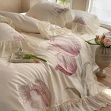 1200TC Egyptian Cotton Flowers Embroidery Lace Ruffles Princess Bedding Set Duvet Cover Flat/Fitted Bed Sheet Pillowcases 4Pcs