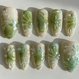 10Pcs Handmade Manicure Medium Almond Fake Nails New Green 3D Limited Press On Nails Design with Adhesive Nail File Set