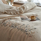 100% Pure Linen Flowers Embroidery Ruffles Luxury Queen King Size Bedding Set Natural Flax Duvet Cover Bed Sheet Pillowcase 4Pcs