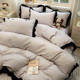 Korean Black White Hepburn Style Bedding Sets Ultra Soft Breathable Duvet Cover Set with Black Lace Fitted Sheet Set for Adults