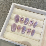 10pcs Glossy Handmade Fake Nails Glitter Purple Coffin Press on Nails Golden Lines with Cat Eye Butterfly Design False Nails Tip