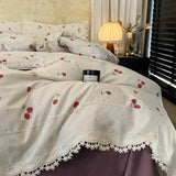 Korean Style Vintage Cherry Bedding Sets for Girls New Washed Cotton Duvet Cover With White Lace Trim Sheet Pillowcases