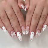 24pcs Valentine French False Nails Wine Red Heart-shaped Bow Fake Nails with Diamond Decors Press on Nails Full Cover Wearable
