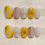 10Pcs Short Handmade Press on Nails Full Cover Flower Cat Eye Green French Ballerina False Nails Manicure Wearable Nail Tips Art