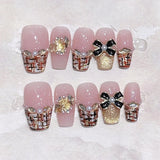 10Pcs Handmade Press on Nails Full Cover Cat Eye Design False Nails Leopard Autumn Pearl Ballet Rhinestone Wearable Manicure
