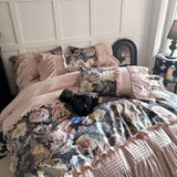 Vintage Rose Oil Painting Style Ruffles Egyptian Cotton Bedding Set Duvet Cover Bed Sheet/Bed Skirt/Fitted Sheet Pillowcase 4Pcs