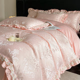 Beige Jacquard Satin Cotton Bedding Sets Luxury Lace Embroidery Duvet Cover Flat or Fitted Bed Sheet Pillowcases Home Textile